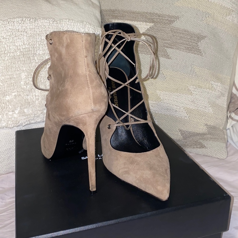 Saint Laurent Taupe Lace up Heels (YSL)